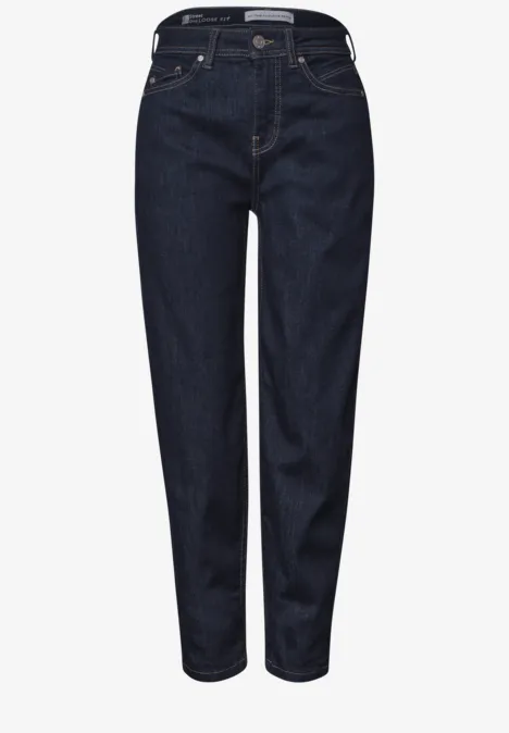 Dunkelblaue Damenjeans mit hohem Bund, geradem Bein und klassischem Fünf-Taschen-Design.