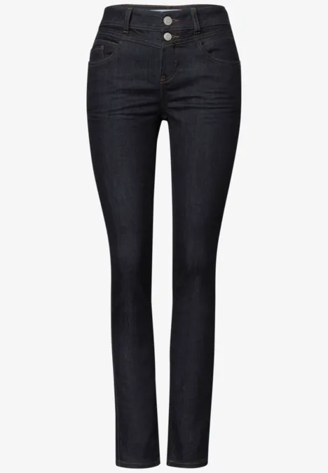 Jean taille moyenne, coupe Slim Leg, style décontracté Deep Rinse Washed Dunkelblaue Damen-Skinny-Jeans mit schmalem Schnitt und hohem Bund.
