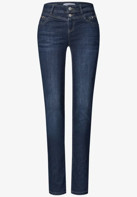 Mid Waist Slim Leg Jeans z ozdobnym detalem Dark Blue Soft Washed Damskie ciemnoniebieskie jeansy o prostym kroju z klasycznymi pięcioma kieszeniami