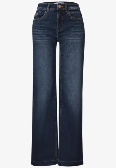 Dunkelblaue High-Waist-Jeans mit weitem Bein und klassischer 5-Taschen-Form.