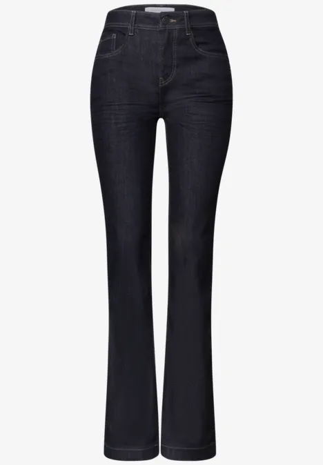 Dunkelblaue Damen-Jeans mit hohem Bund und leicht ausgestelltem Bein, klassische Five-Pocket-Optik.