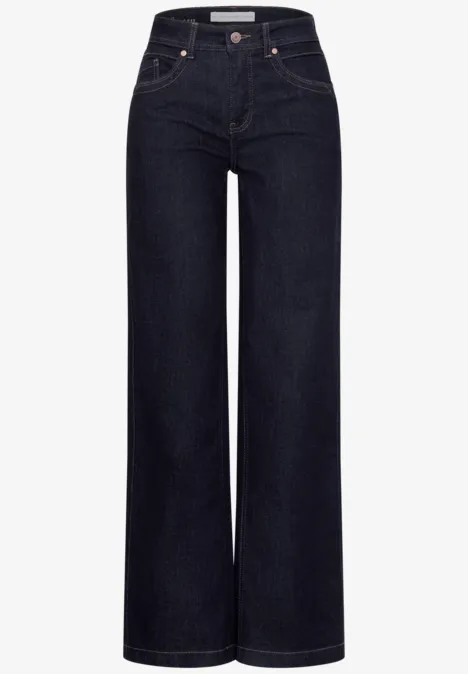 Jean taille haute bleu foncé, coupe large, 5 poches, style épuré et moderne.