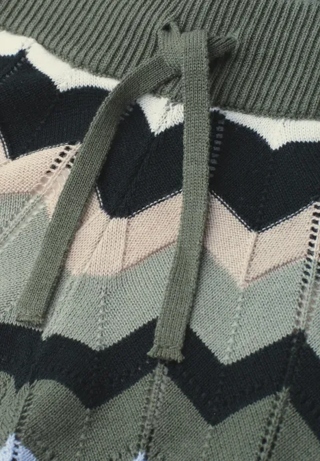 Nahaufnahme eines gestrickten Kleidungsstücks mit Chevron-Muster in Grün-, Schwarz- und Beige-Tönen und Kordelzug.