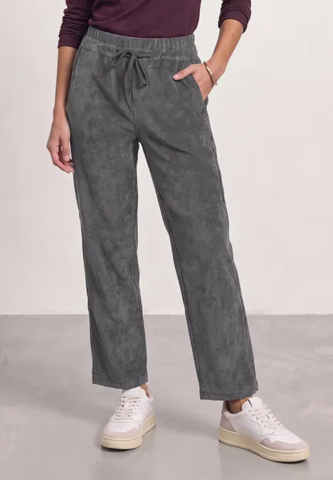 Mid Waist straight leg corduroybroek met rechte pijpen en middelhoge taille gravel grey Grijze wijde ribfluwelen broek met elastische taille en trekkoord, casual en comfortabel