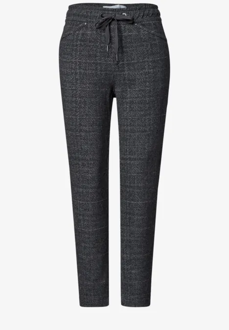 Pantalon gris à carreaux élégant, taille élastique à cordon, coupe ajustée.