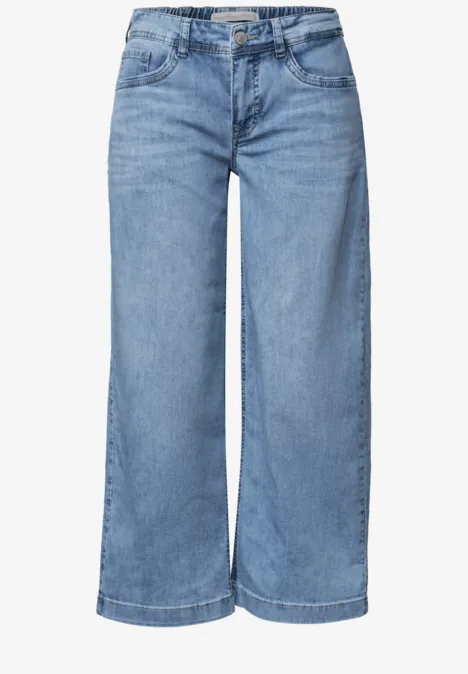 Mid Waist Jeansculotte met elastische tailleband Light Blue Random Washed Wijde lichtblauwe denim jeans met hoge taille en knoopsluiting