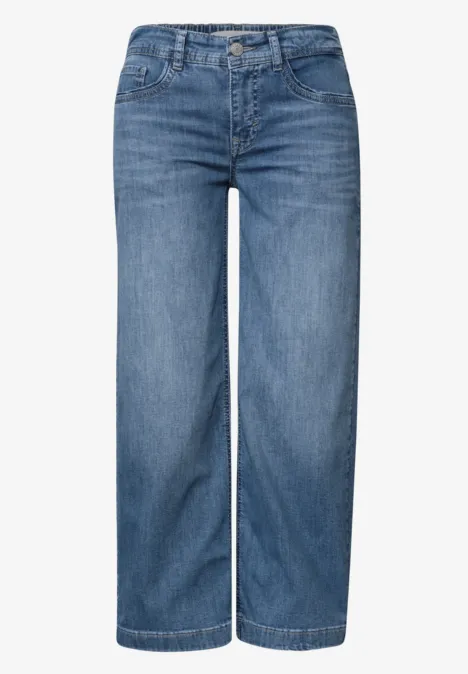 Mid Waist Jeansculotte met elastische tailleband Mid Blue Authentic washed Blauwe losse jeans met rechte pijpen en hoge taille, vijf zakken