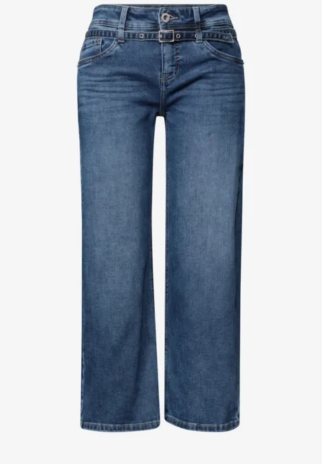 Jeans Culotte mit Gürteldetail Mid Blue Random Washed Blaue Damen-Jeans mit hohem Bund, geradem Bein und leichtem Vintage-Look.