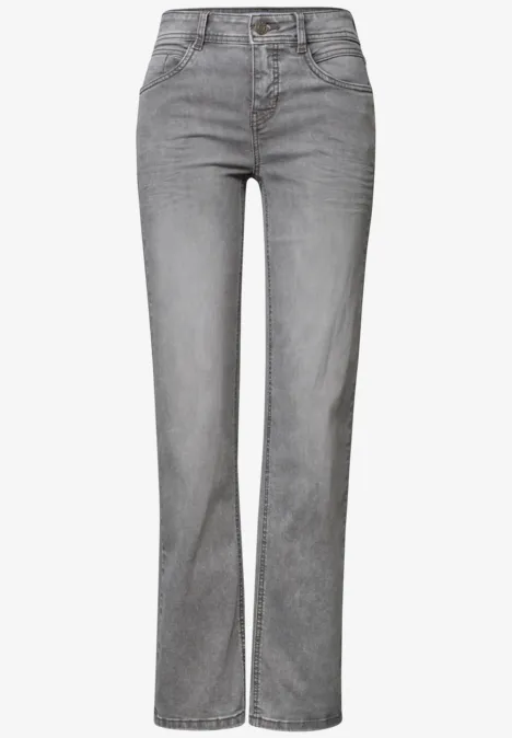 Mid Waist Straight Leg Jeans im Casual Fit Light Grey Random Washed Graue Jeans mit geradem Bein und hohem Bund.