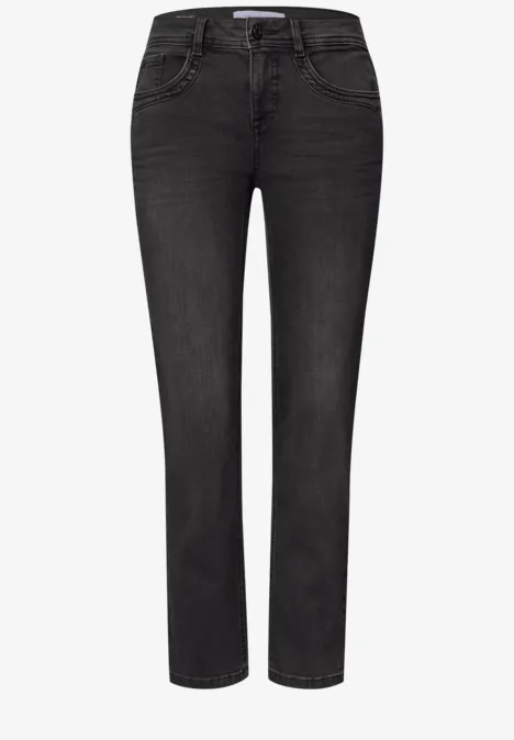 Zwarte damesjeans met vijfzakken, rechte pijpen en riemlussen