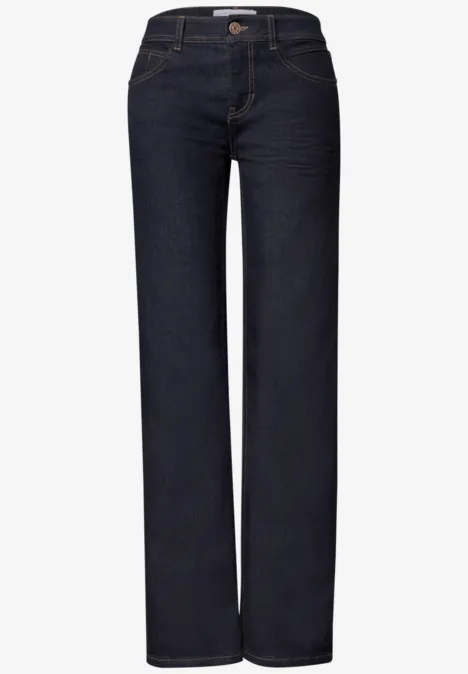 Donkerblauwe, recht gesneden jeans met hoge taille, knoopsluiting en klassieke steekzakken.