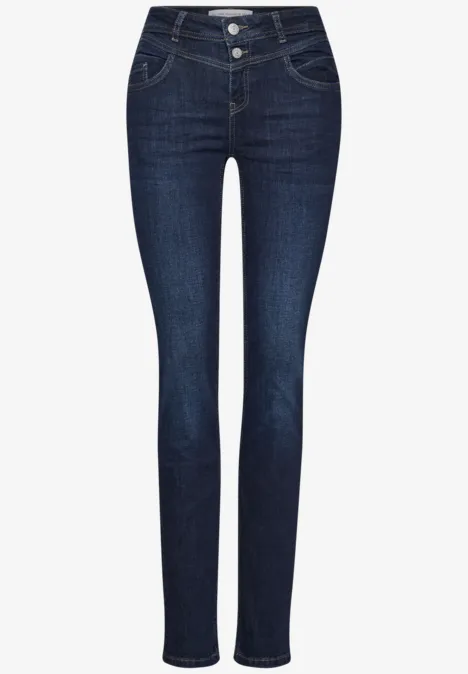 Dunkelblaue Jeanshose mit Knopfleiste und enger Passform.