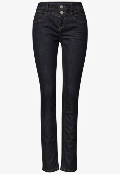 Jean taille moyenne, coupe Slim Leg, style décontracté Deep Rinse Washed Dunkelblaue, schmal geschnittene Damen-Jeans mit hohem Bund