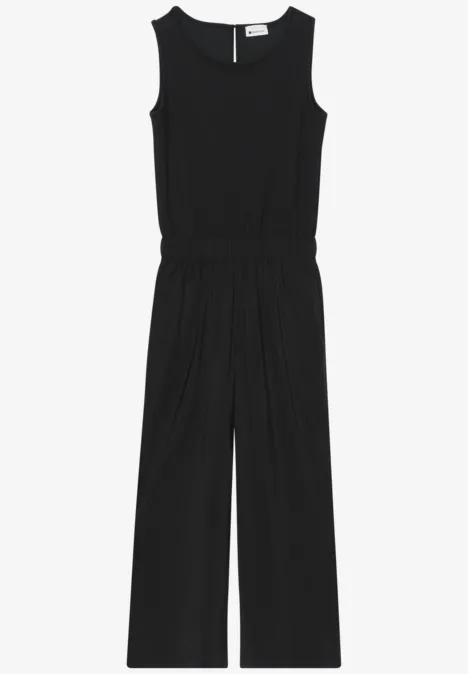 Wide Leg Jumpsuit im Strukturmix Black Ärmelloser schwarzer Jumpsuit mit weitem Bein und rundem Halsausschnitt.