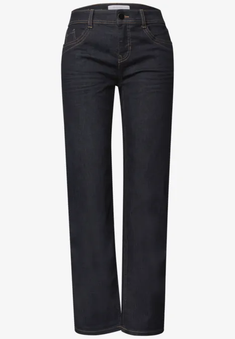 Mid Waist Straight Leg Jeans im Casual Fit Rinse Washed Dunkelblaue Jeans mit geradem Schnitt und klassischem Five-Pocket-Design.