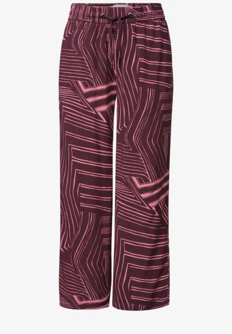 Culotte taille haute à motifs blush berry Weite, bordeauxrote Hose mit rosa Linien-Muster.