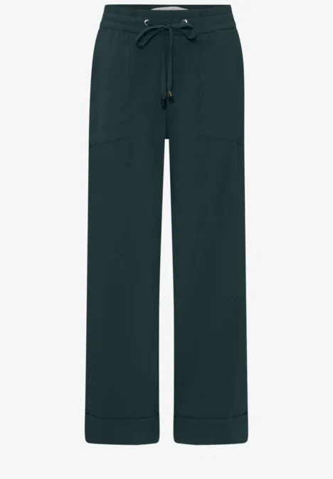 Pantalon droit vert foncé avec poches plaquées et cordon de serrage.