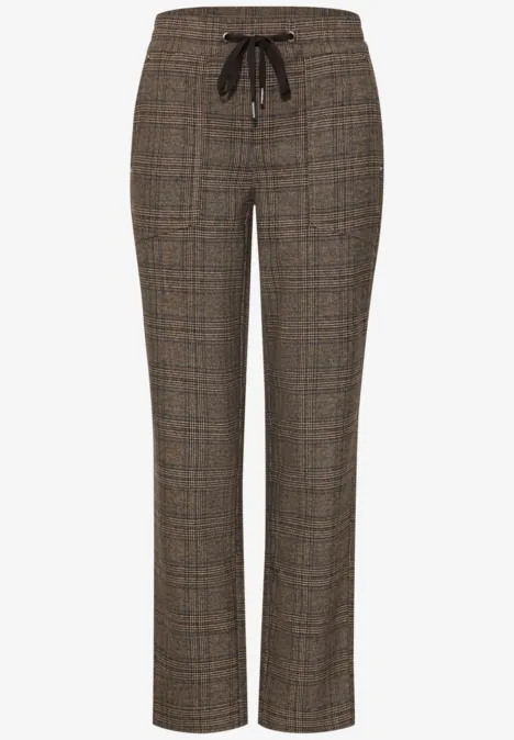Braune Karohose mit Glencheck-Muster, geradem Bein und Kordelzug am Bund