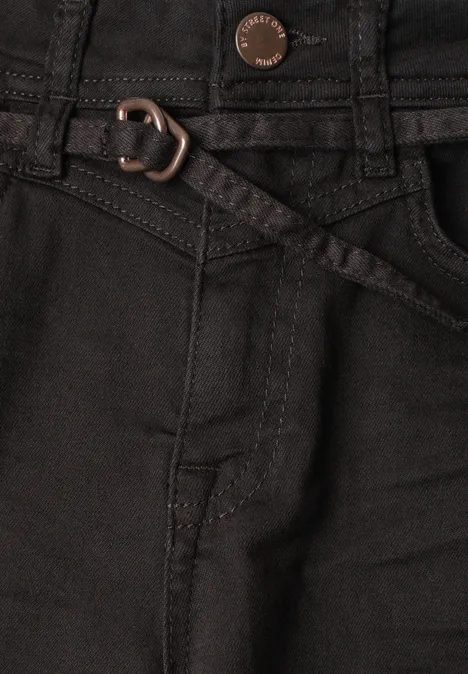 High Waist Barrel Leg Jeans im Loose Fit Brown Washed Schwarze Jeans mit hohem Bund, auffälliger Metallschnalle und schmalem Ziergürtel