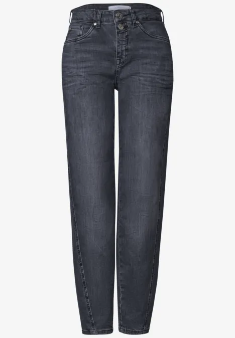 High Waist Barrel Leg Jeans im Loose Fit Steel Grey Washed Dunkelblaue Jeanshose mit hohem Bund und gerade geschnittenen Beinen.