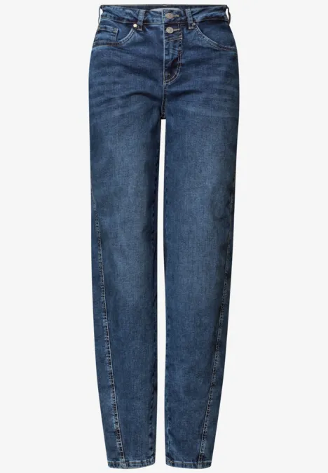 High Waist Barrel Leg Jeans im Loose Fit Medium Blue Washed Dunkelblaue, gerade geschnittene Jeans mit Knopfverschluss und hohem Bund.