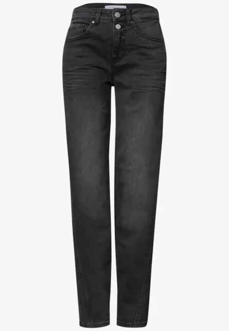 High Waist Barrel Leg Jeans im Loose Fit Black Washed Schwarze Damenjeans mit hohem Bund und Knopfleiste, geradem Bein und trendiger Waschung.