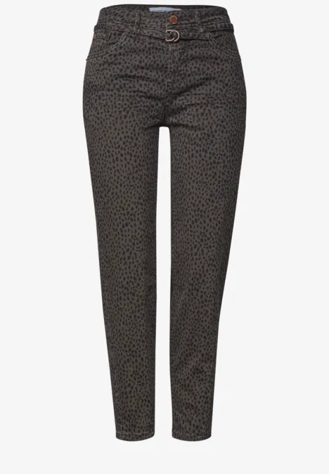 Jeans met High Waist en wijd uitlopende pijpen in een Loose Fit-pasvorm brown leo washed Slimfit damesbroek met subtiel dierenprintje, hoge taille met ceintuurdraaglussen, enkelhoogte.
