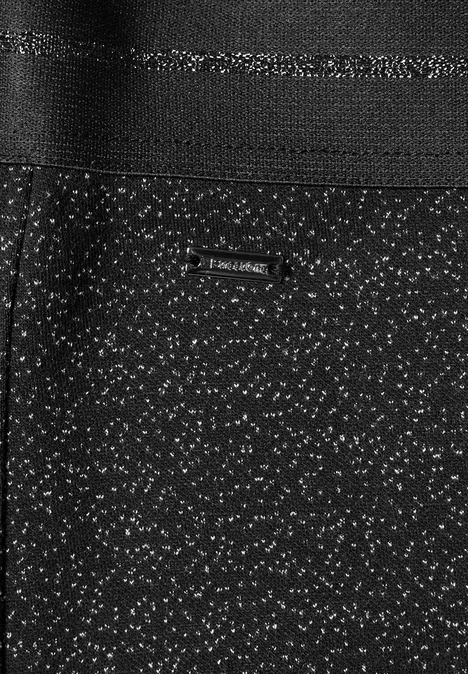 Pantalon taille haute à jambes larges avec un motif raffiné Black Tissu noir moucheté de blanc avec une bande texturée et une petite étiquette en métal.