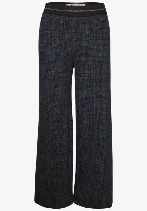 Dunkelgraue, weite High-Waist-Hose mit feinem Muster und elastischem Bund.