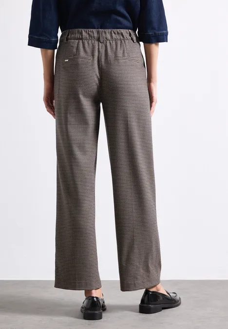 High Waist Straight Leg Hose mit Knopfdetails sanded amber Damenhose mit elastischem Bund und feinem Karomuster, weitem Bein und geradem Schnitt, Rückansicht.