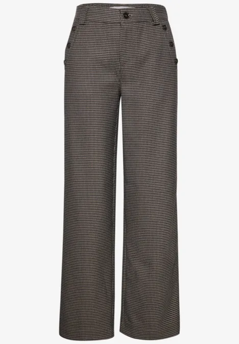 High Waist Straight Leg Hose mit Knopfdetails sanded amber Graue, hoch taillierte Damenhose mit weitem Bein und feinem Hahnentrittmuster.