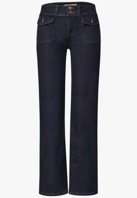 Hose aus dunklem Denim mit geradem Bein, hoher Taille und zwei Knöpfen