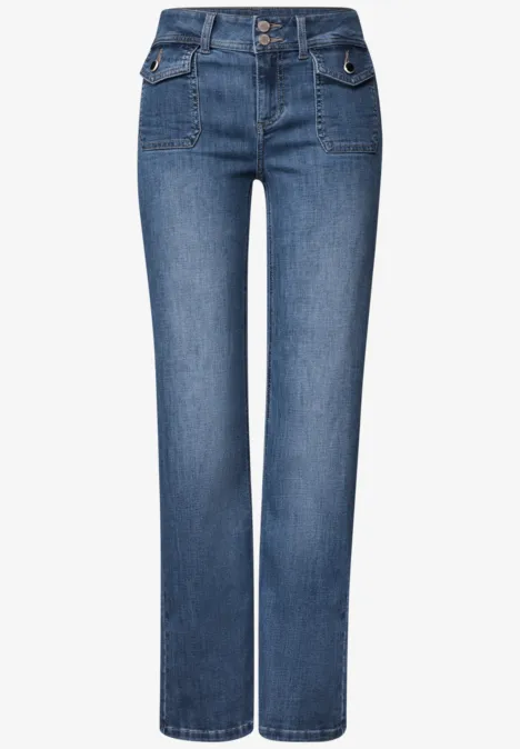 Mid Waist Straight Leg Jeans im Casual Fit Mid Blue Washed Blaue, gerade geschnittene Jeans mit Taschen, Gürtelschlaufen und Knopfverschluss.