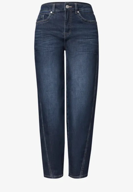 Dunkelblaue Damen-Jeans mit hohem Bund, geradem Bein und klassischen Taschen.