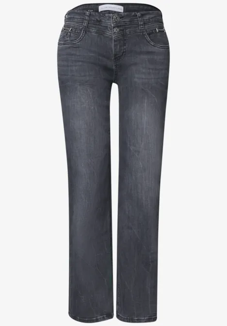Dunkelgraue, gerade geschnittene Jeans mit fünf Taschen und mittlerer Taille.