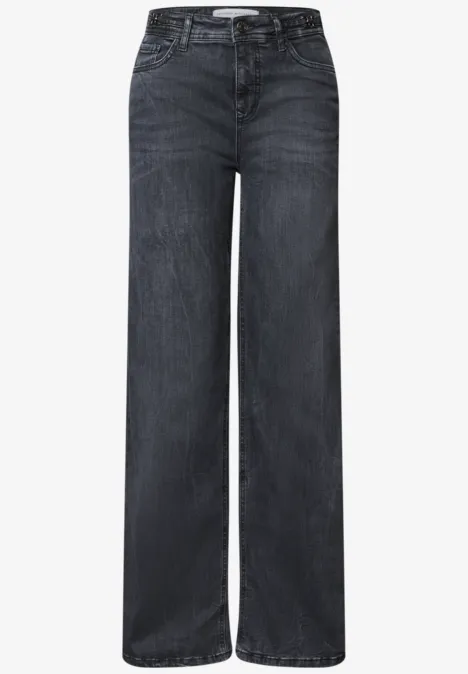 Jean à jambes larges avec des détails au niveau de la ceinture Steel Grey Washed Jean gris foncé à taille médiane, coupe droite et jambe ample.