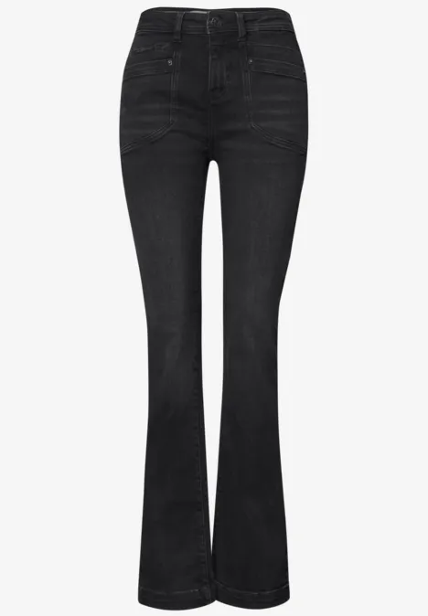 Jean bootcut taille haute, coupe slim Black Washed Schwarze, hoch taillierte Bootcut-Jeans mit schmaler Oberschenkelpartie und leicht ausgestelltem Beinabschluss.