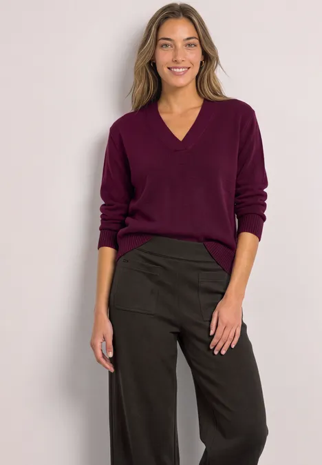 Vrouw in een paarse V-hals trui en zwarte wijde broek voor een lichte achtergrond.