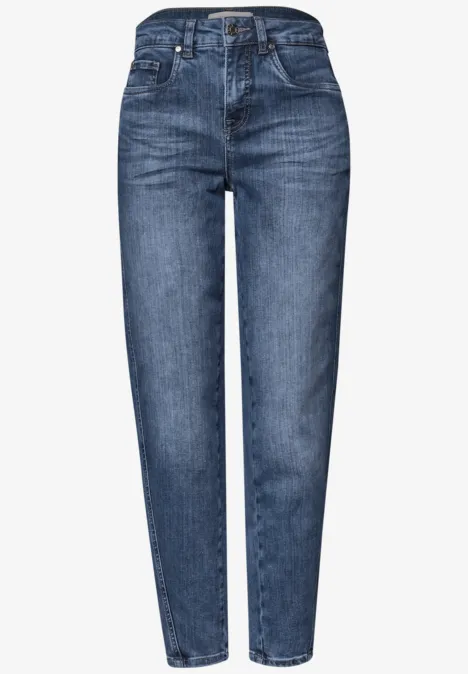 High Waist Barrel Leg Jeans im Loose Fit Medium Blue Destory Washed High-waist Damen-Jeans in mittlerem Blau mit schmal zulaufendem Bein und klassischer 5-Pocket-Form.