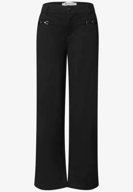 Broek met Mid Waist-taille en Straight Leg-pijpen in casual pasvorm Black Schwarze Damenhose mit weitem Bein und Zipper-Taschen