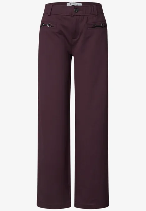 Mid Waist broek met rechte pijpen in casual pasvorm berry plum Dunkelrote Damen-Hose mit weitem Bein, Zipper-Taschen vorne
