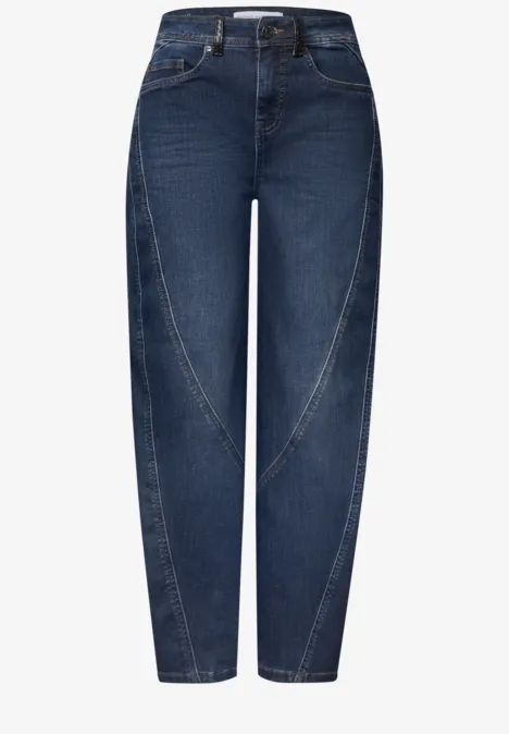 Relaxed Barrel Leg Jeans im Loose Fit Dark blue authentic washed Dunkelblaue High-Waist-Jeans mit weitem Bein und dekorativen Nähten