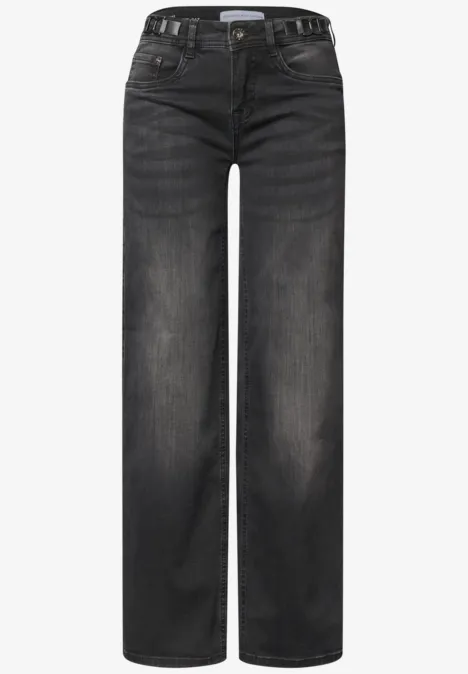 Mid Waist Wide Leg Jeans im Loose Fit Black Washed Schlichte schwarze Jeans mit geradem Bein, fünf Taschen und dezenter Waschung.