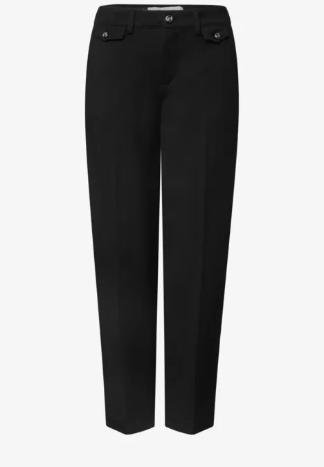 Pantalon femme noir, coupe droite, taille mi-haute, devant lisse et passants de ceinture
