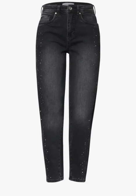 High Waist Barrel Leg Jeans im Loose Fit grey washed Schwarze, hoch taillierte Skinny-Jeans mit dezenten Nieten entlang der Außennähte.