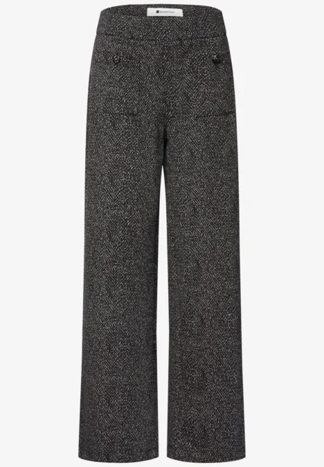 Pantalon femme taille haute ample en tweed gris foncé avec poches latérales.