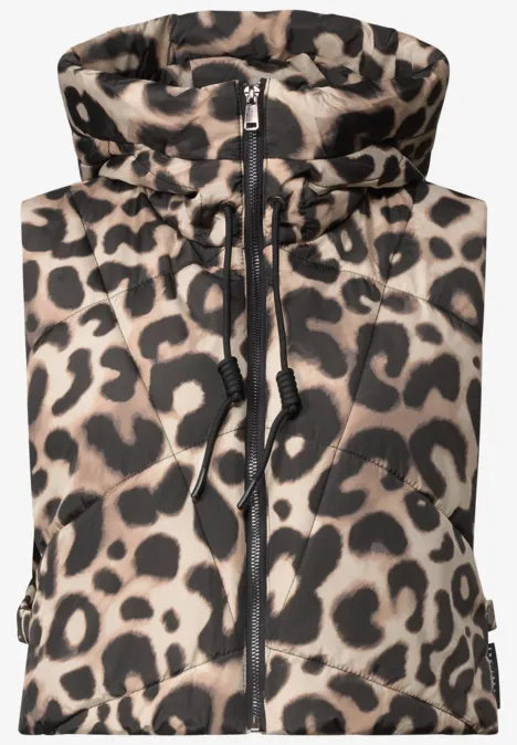 Mouwloze bodywarmer met luipaardprint, capuchon, rits over de hele lengte en verstelbare trekkoorden.
