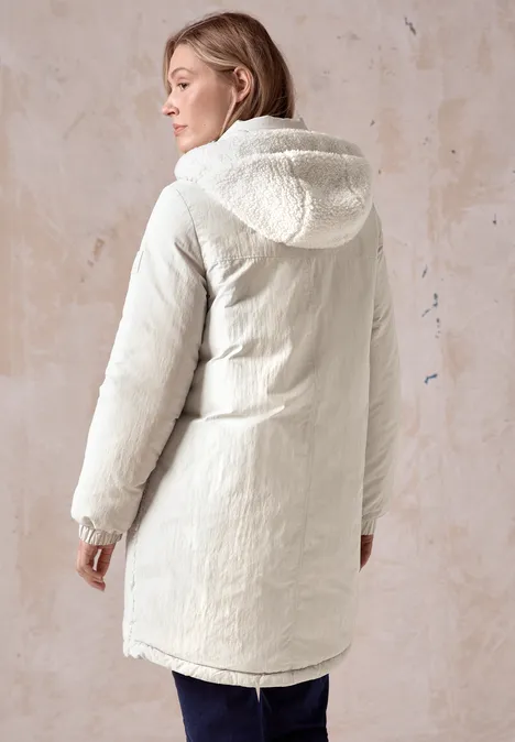 Lange Materialmix-Jacke teddy vanilla white