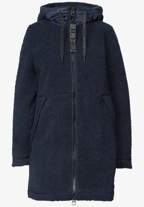 Dunkelblauer, langer Teddy-Fleece-Parka mit Kapuze, Reißverschluss und Taschen.
