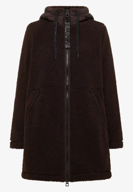 Brauner Teddy-Fleece-Mantel mit Kapuze, Reißverschluss und Taschen.